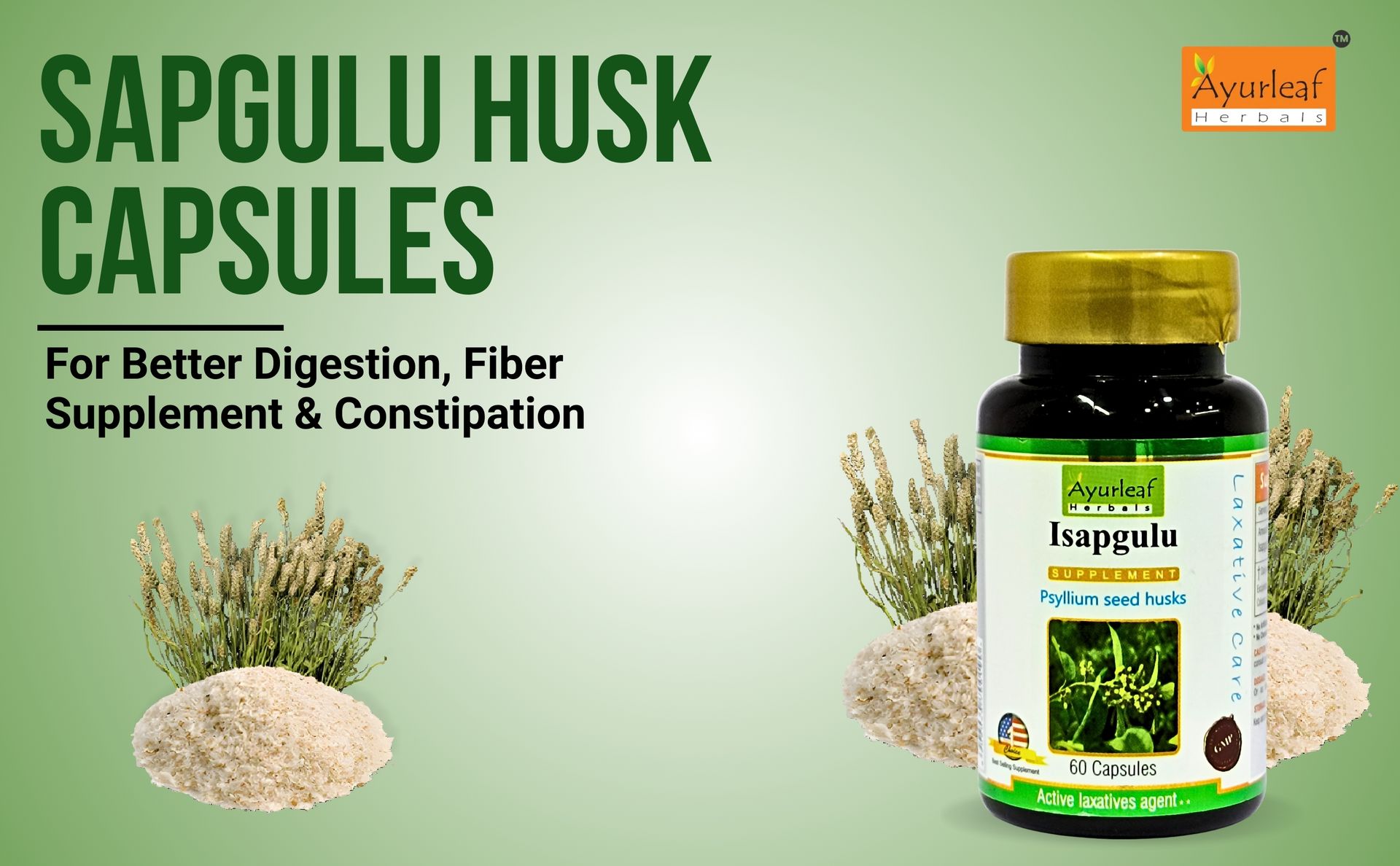 Ayurleaf Herbals Isapgulu Husk Capsules | For Better Digestion, Fiber Supplement & Constipation | 100% Natural Herbal supplement (60 Capsules)