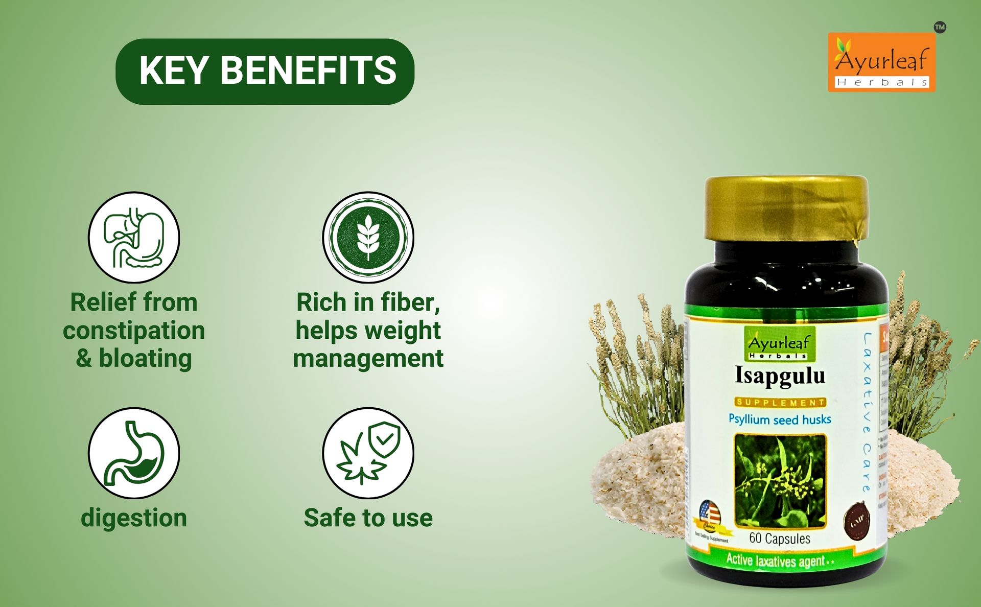 Ayurleaf Herbals Isapgulu Husk Capsules | For Better Digestion, Fiber Supplement & Constipation | 100% Natural Herbal supplement (60 Capsules)