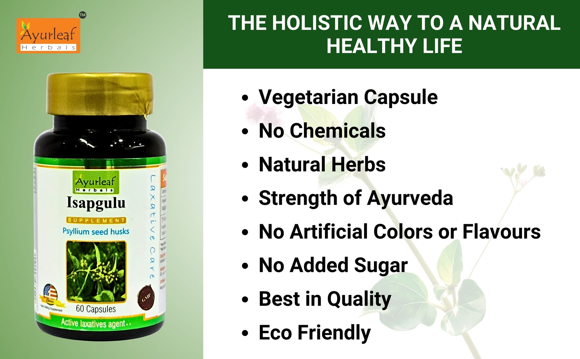 Ayurleaf Herbals Isapgulu Husk Capsules | For Better Digestion, Fiber Supplement & Constipation | 100% Natural Herbal supplement (60 Capsules)