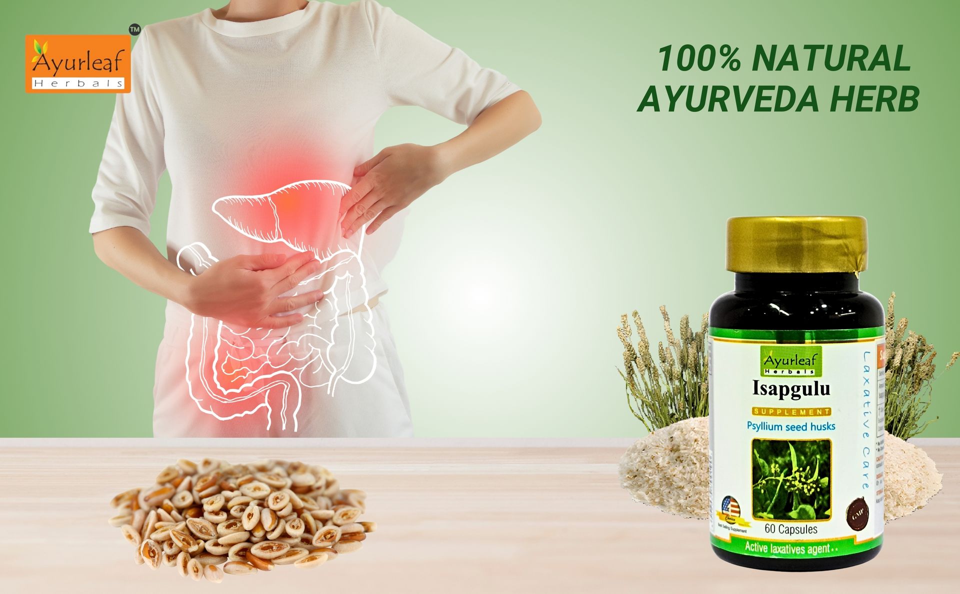 Ayurleaf Herbals Isapgulu Husk Capsules | For Better Digestion, Fiber Supplement & Constipation | 100% Natural Herbal supplement (Pack of 2, 120 Capsules)