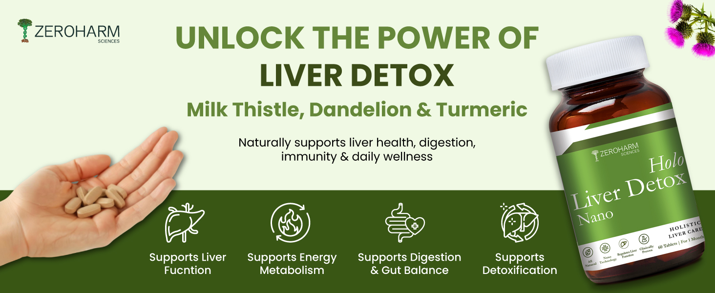 ZEROHARM Nano Liver Detox Supplement 800mg | Milk Thistle, Silymarin Extract, Dandelion & Turmeric | Supports Fatty Liver | Antioxidant Defense, Metabolism & Immune Function | 60 Tablets