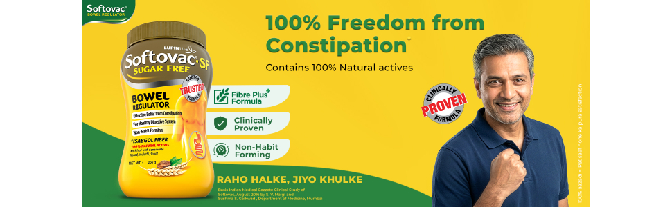 Softovac-SF Isabgol Fiber Plus+ Formula 450g Sugar free Psyllium Husk + Natural Actives Complete Relief from Constipation, Gentle on Stomach - Natural Bowel Regulator for Adults
