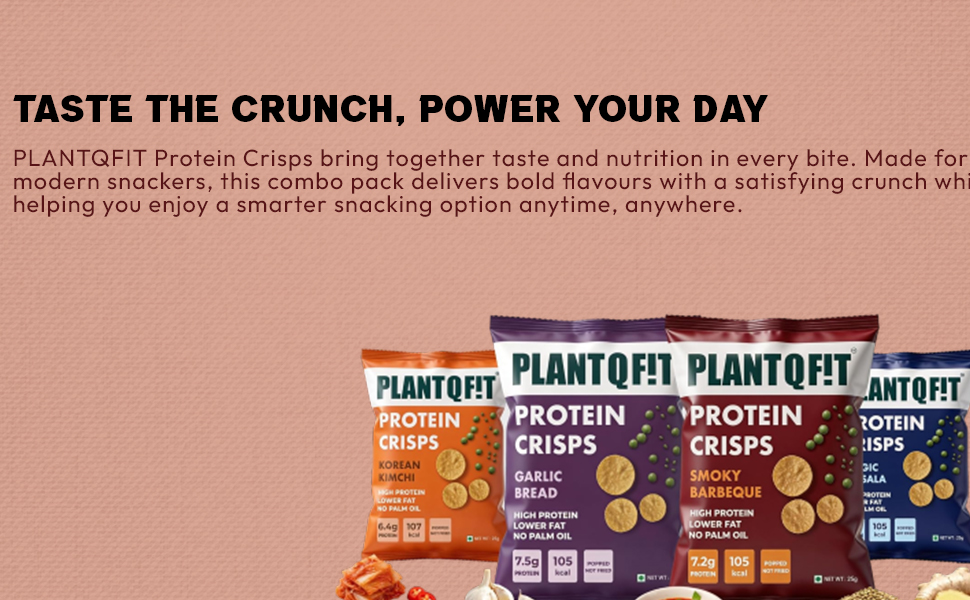 PLANTQFIT High Protein Chips-Savoury Crunchy Namkeen |56g Protein Per Combo, Baked Not Fried, Plant Based| Protein Chips and Snacks, Low Calorie Healthy Snacks for Adults | 8 Combo Packs | 4 Gourmet Flavours: Barbeque, Garlic Bread, Masala Magic, Korean Kimchi | Guilt-Free Diet Snack