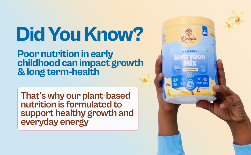 Origin Kids Nutrition Mix | Ages 7-12 | 10g Plant Protein | Eye Health, Immunity & Height Growth | Creamy Vanilla, 339g | Zero Refined Sugar | Plant-Based