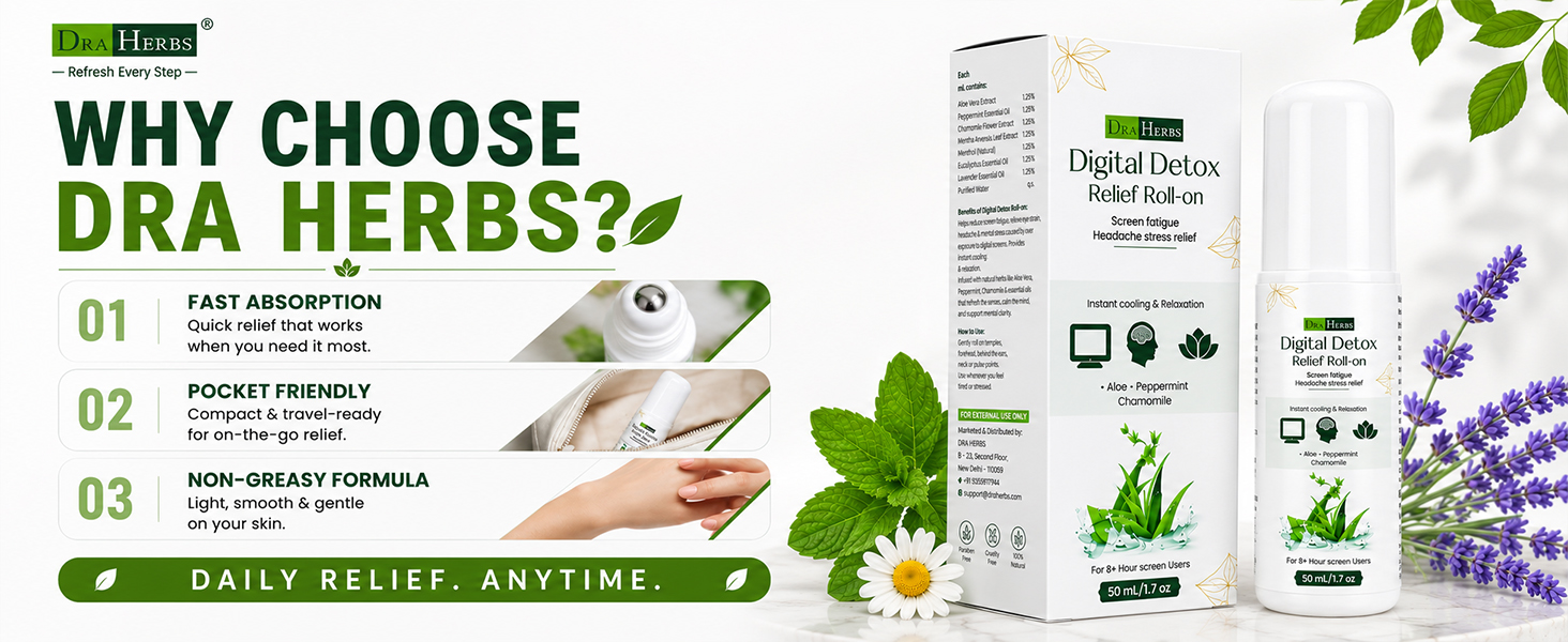 Digital Detox Relief Roll On 50 ml for Headache, Eye Strain & Screen Fatigue Relief Cooling Herbal Roll-On with Peppermint Chamomile & Lavender Ayurvedic Stress Relief Relaxation Therapy