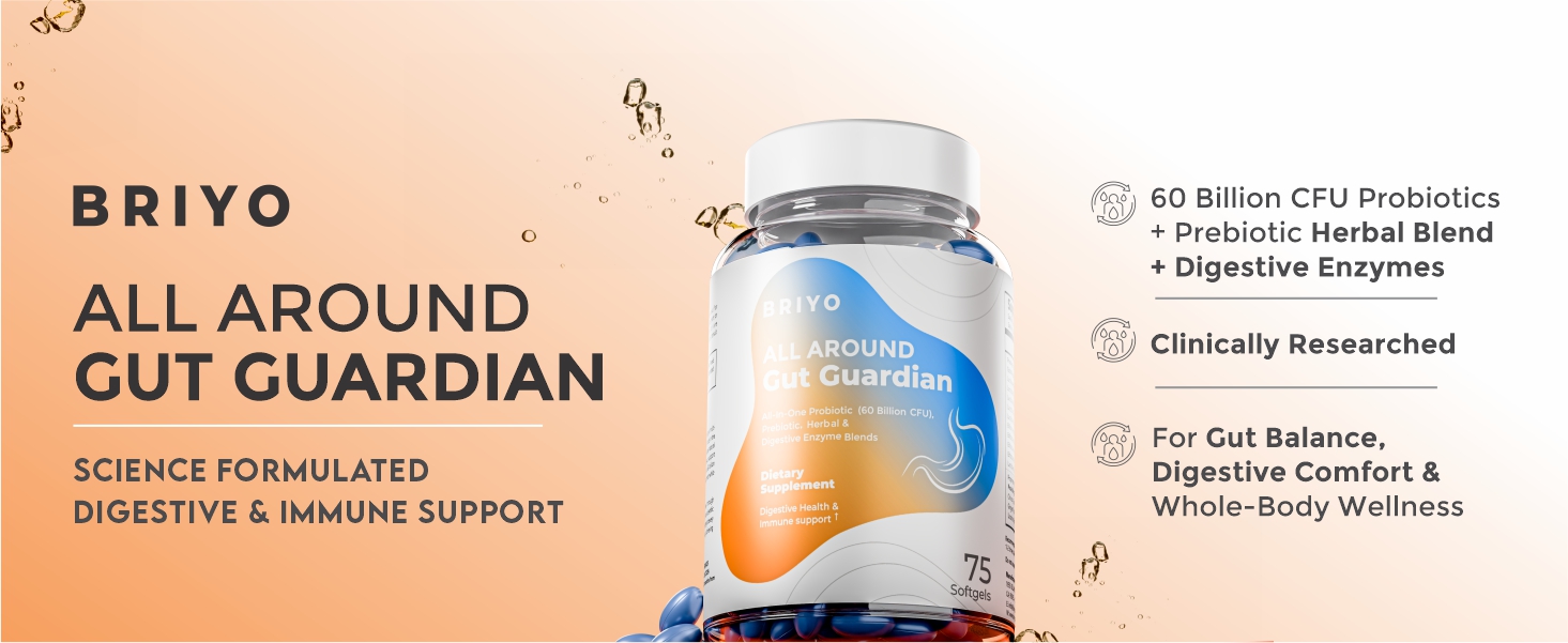 Briyo Gut Health Support – 60 Billion CFU Probiotics with Prebiotics, Digestive Enzymes & Herbs |Gut Guardian Formula to Boost Good Gut Bacteria, Support Digestion & Immunity, and Relieves Bloating