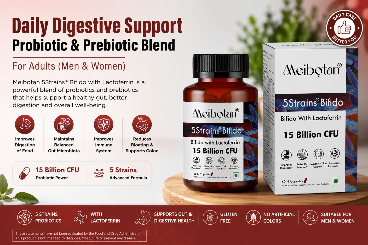 Bifidobacterium 5 Strains with 15 Billion CFU with Lactoferrin for Men & Women | Gut Support, Digestion, Immunity Support, Detox & Cleanse, 60 Veg Capsules