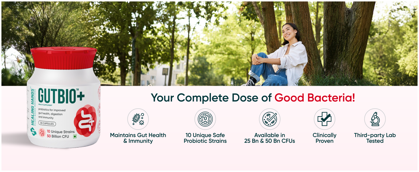 Healing Hands GutBio Plus Probiotics| 50 Billion CFU 10 Unique Strains| Supports Gut Health, Digestion & Immunity| Clinically Proven Probiotic Supplement for Men & Women