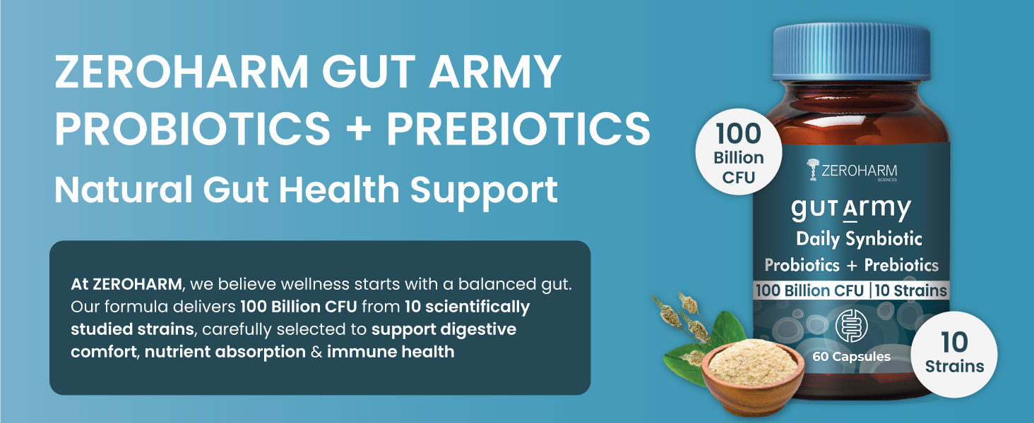 Gut Army Prebiotics & Probiotics - 10 Unique Strains Blend -100 Billion CFU - With Inulin & Probiotics Blend - Supports Gut Digestion Health & Bowel Movement - 60 Capsules By ZEROHARM - 5 Pack