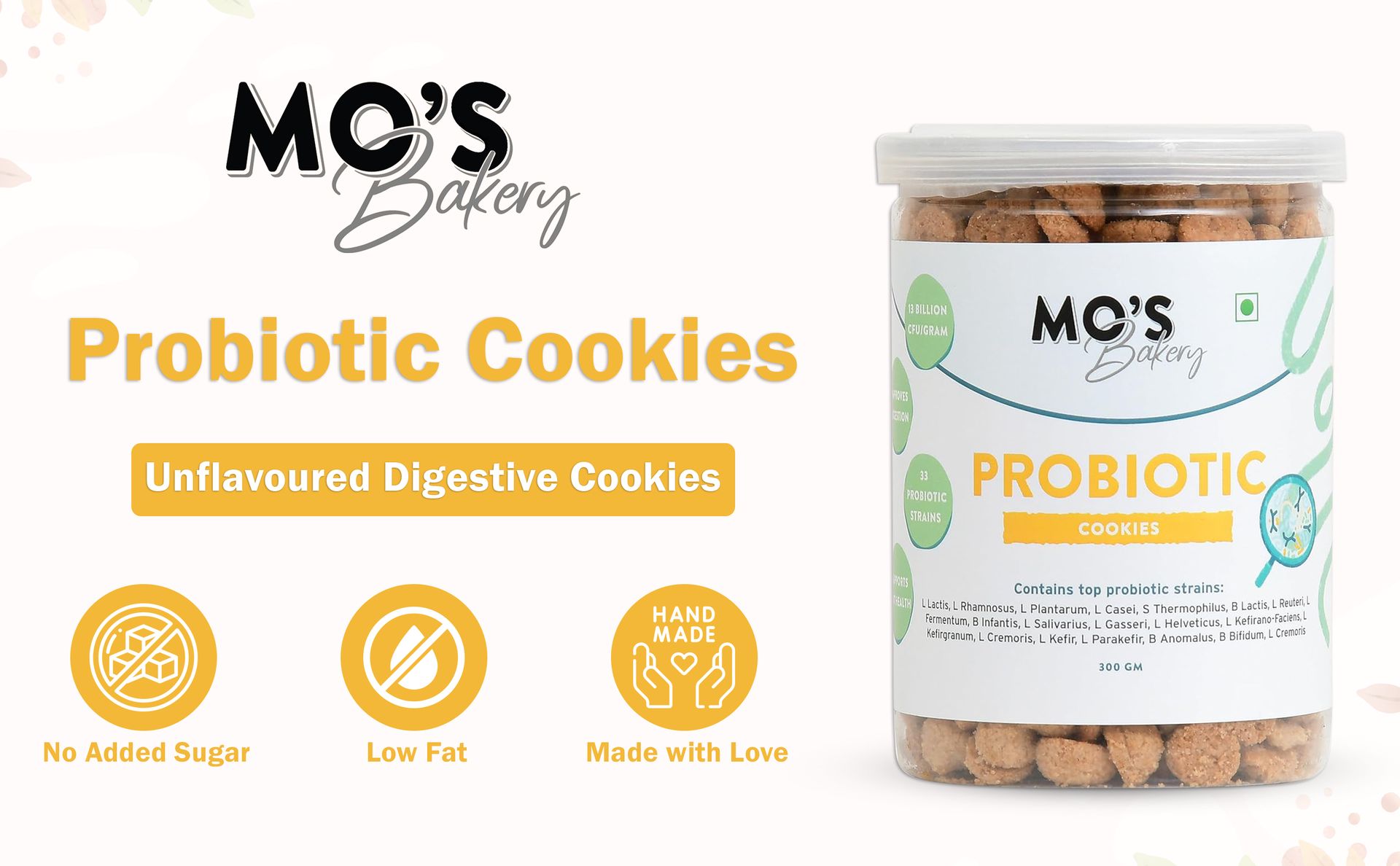 Mo's Probiotic Cookies,300 G | Unflavoured Digestive Cookies | Probiotic Supplement With 13 Billion CFU | 33 Probiotic Strains | Improve Digestion & Gut Health | Acidity Relief