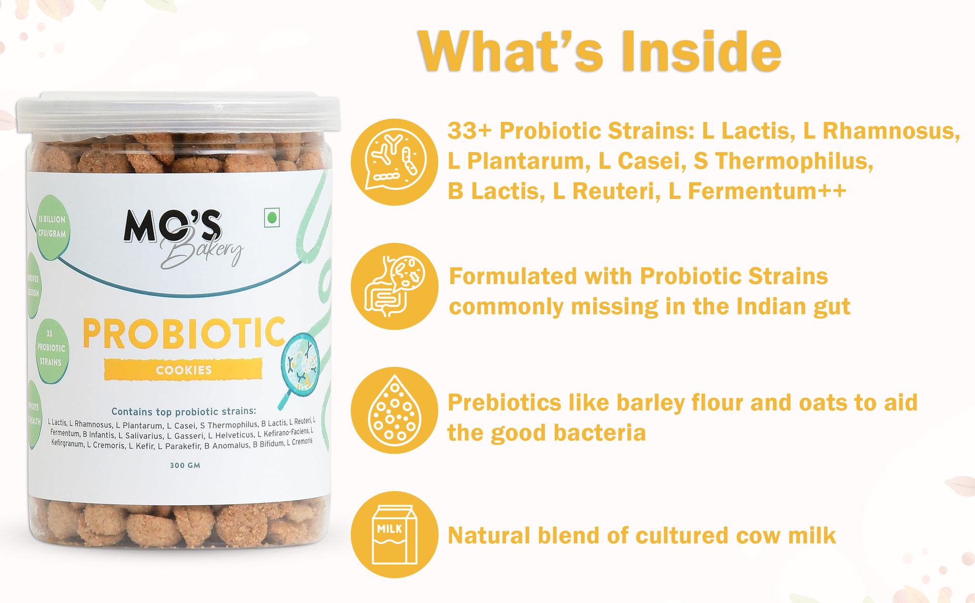 Mo's Probiotic Cookies,300 G | Unflavoured Digestive Cookies | Probiotic Supplement With 13 Billion CFU | 33 Probiotic Strains | Improve Digestion & Gut Health | Acidity Relief
