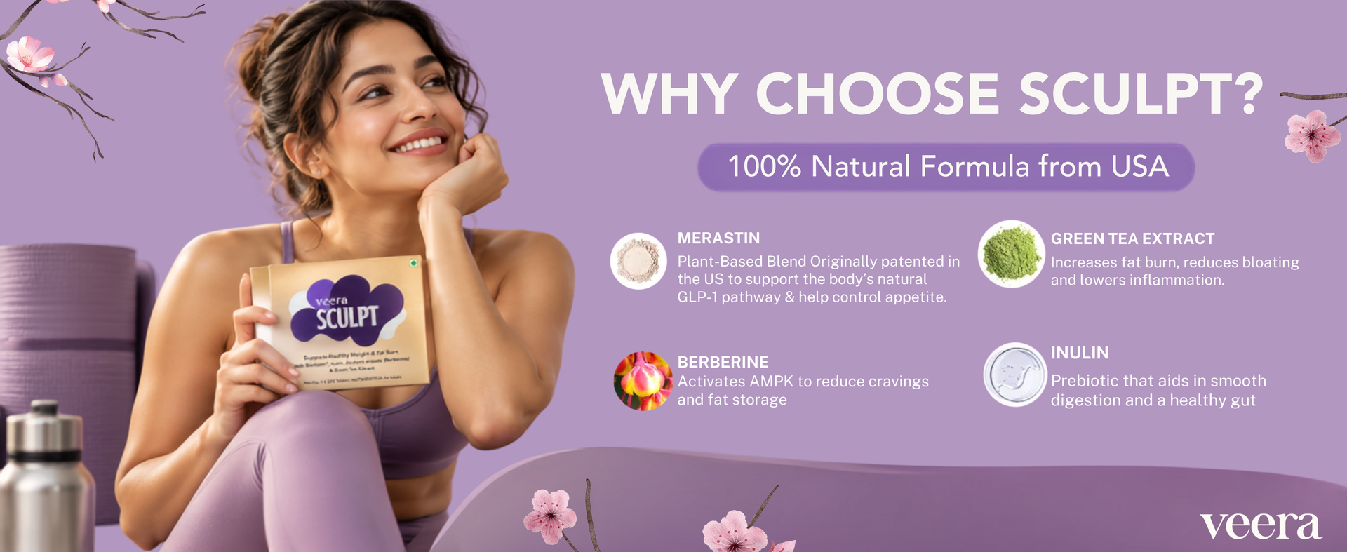 Sculpt 100% Plant-Based GLP-1 Weight Loss for Men & Women| Natural Appetite Control & Fat Burn | Reduces Hunger & Cravings | With Merastin®, Berberine, Green Tea Extract & Inulin | 30 Tablets