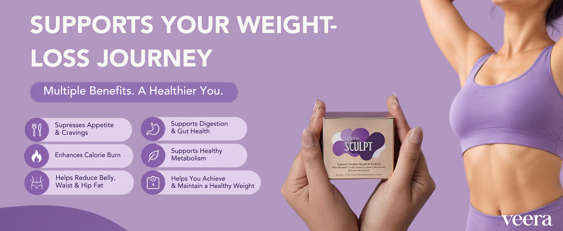 Sculpt 100% Plant-Based GLP-1 Weight Loss for Men & Women| Natural Appetite Control & Fat Burn | Reduces Hunger & Cravings | With Merastin®, Berberine, Green Tea Extract & Inulin | 30 Tablets