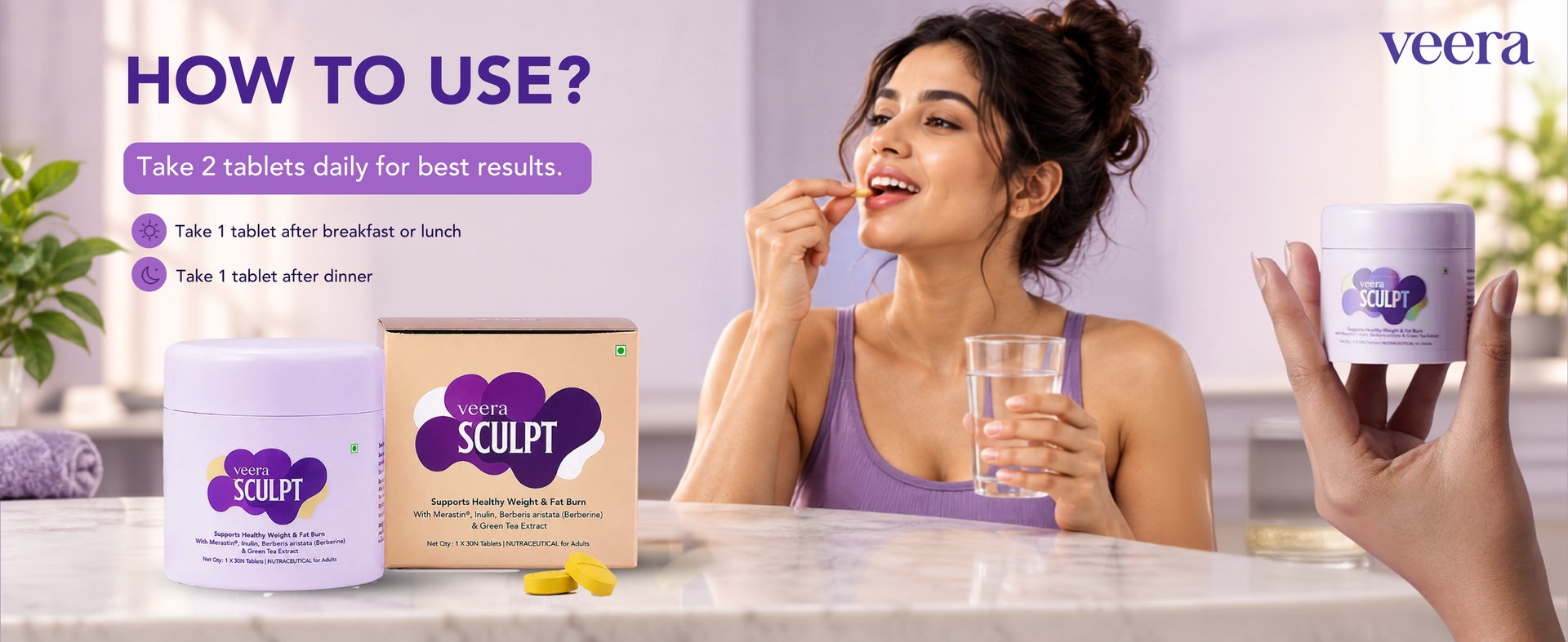 Sculpt 100% Plant-Based GLP-1 Weight Loss for Men & Women| Natural Appetite Control & Fat Burn | Reduces Hunger & Cravings | With Merastin®, Berberine, Green Tea Extract & Inulin | 30 Tablets