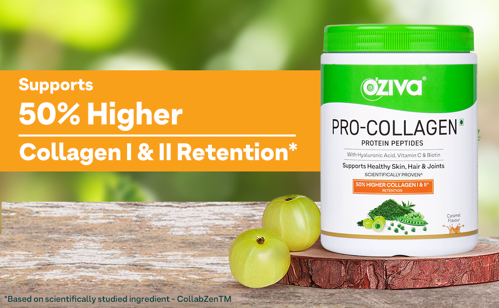 OZiva Pro Collagen Peptides, Skin & Hair, Type I & II, Caramel, 500g