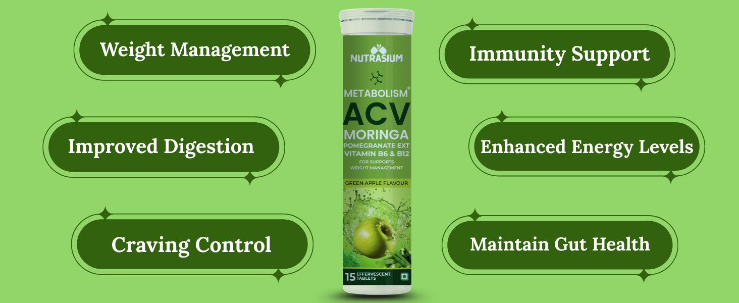 Nutrasium ACV Moringa Metabolism Plus | For Supports Weight Loss, Control Cravings, Convert Fat Into Energy, Boost Energy & Immunity | 75 Tablets Pack of 5X15