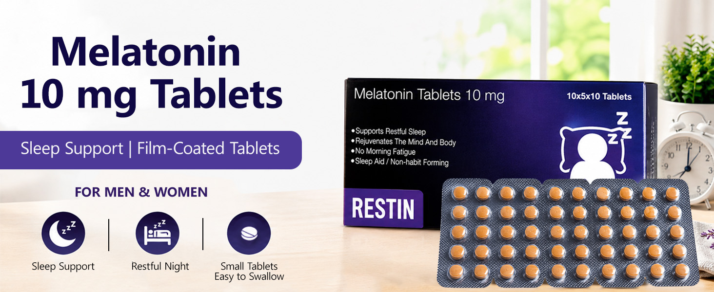 RESTIN Sleep Melatonin Tablets 10 mg for Men & Women | Oral Dissolving Mini Mints | Effervescent Tablets for Night-Time Routine | 50 Tablets (10 x 5 Tablets)