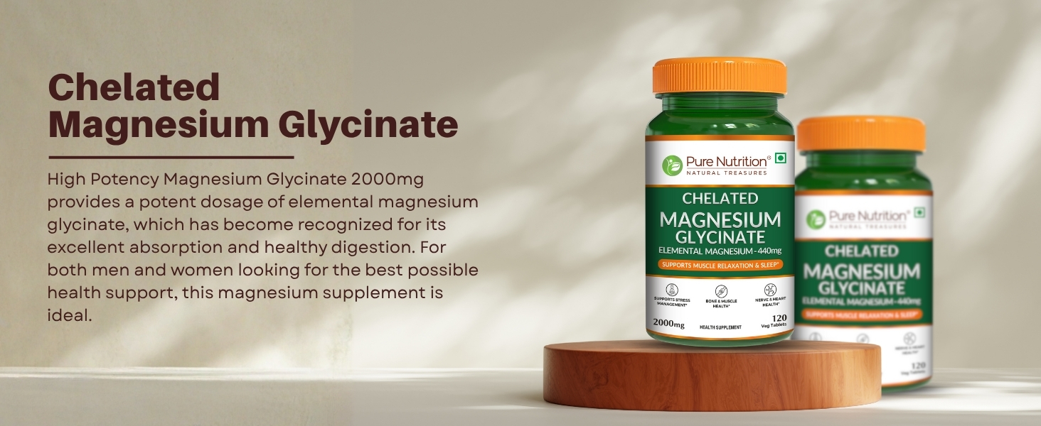 Pure Nutrition Chelated Magnesium Glycinate Supplement 2000mg - 120 Tablets | High Absorption Magnesium Supplements (Elemental 440mg) for Sleep, Cramps, Nerve Health, Relaxation, Bone & Joint Health