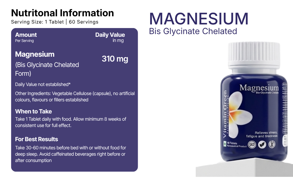 Magnesium Bisglycinate Tablets | 310 mg Chelated Magnesium | High Absorption Formula | Supports Muscle Function, Relaxation & Sleep | Third-Party Tested | 60 Tablets