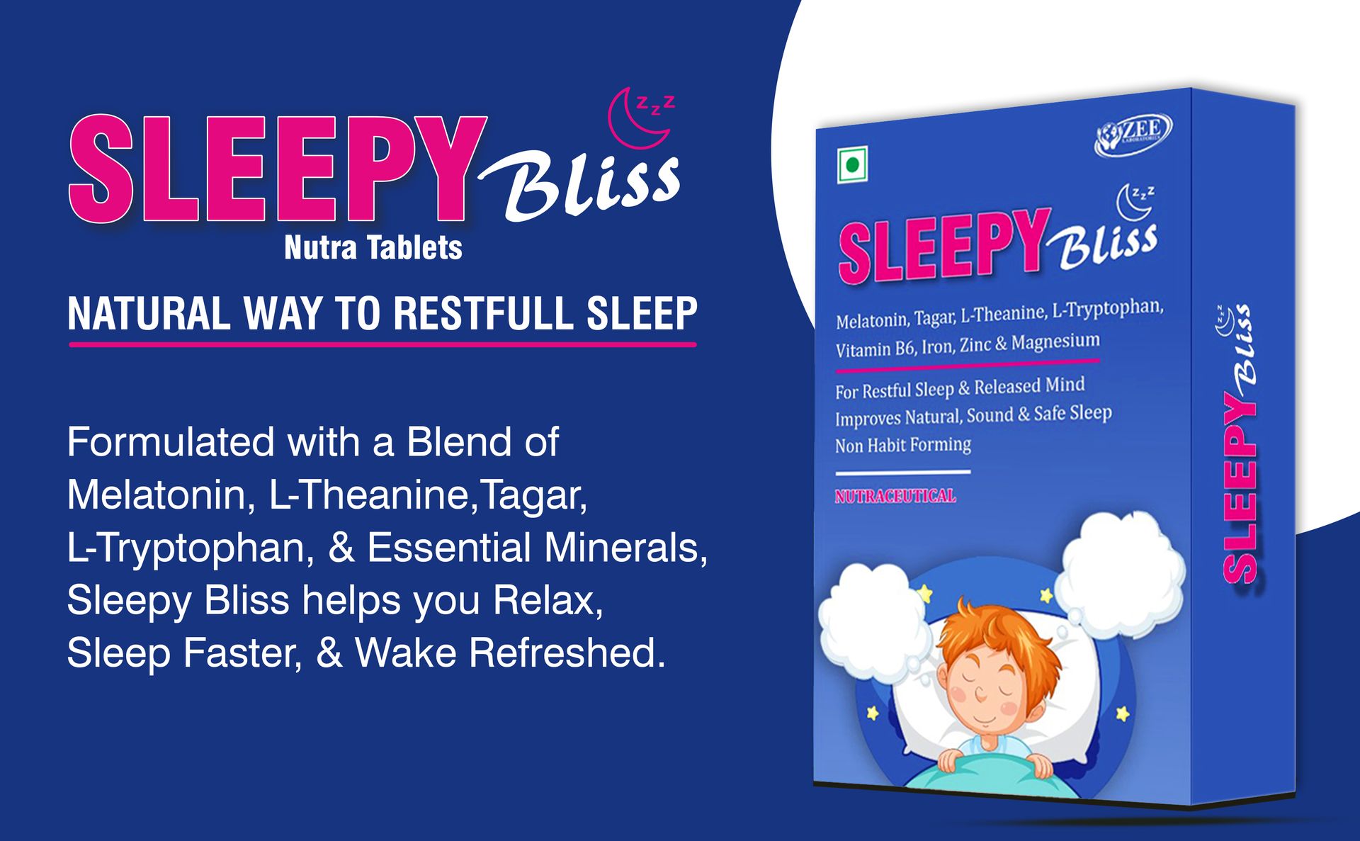 Sleepy Bliss Melatonin 10mg with Tagar Extract 100mg | Natural Sleep Aid Supplement for Men & Women | Deep & Restful Sleep | Non-Habit Forming | 30 Veg Tablets - Pack of 01