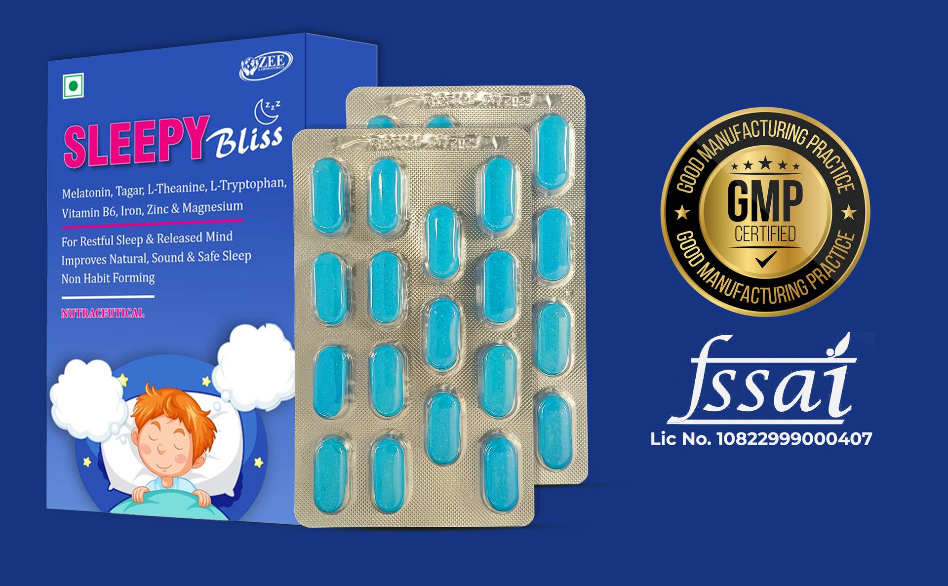 Sleepy Bliss Melatonin 10mg with Tagar Extract 100mg | Natural Sleep Aid Supplement for Men & Women | Deep & Restful Sleep | Non-Habit Forming | 30 Veg Tablets - Pack of 01