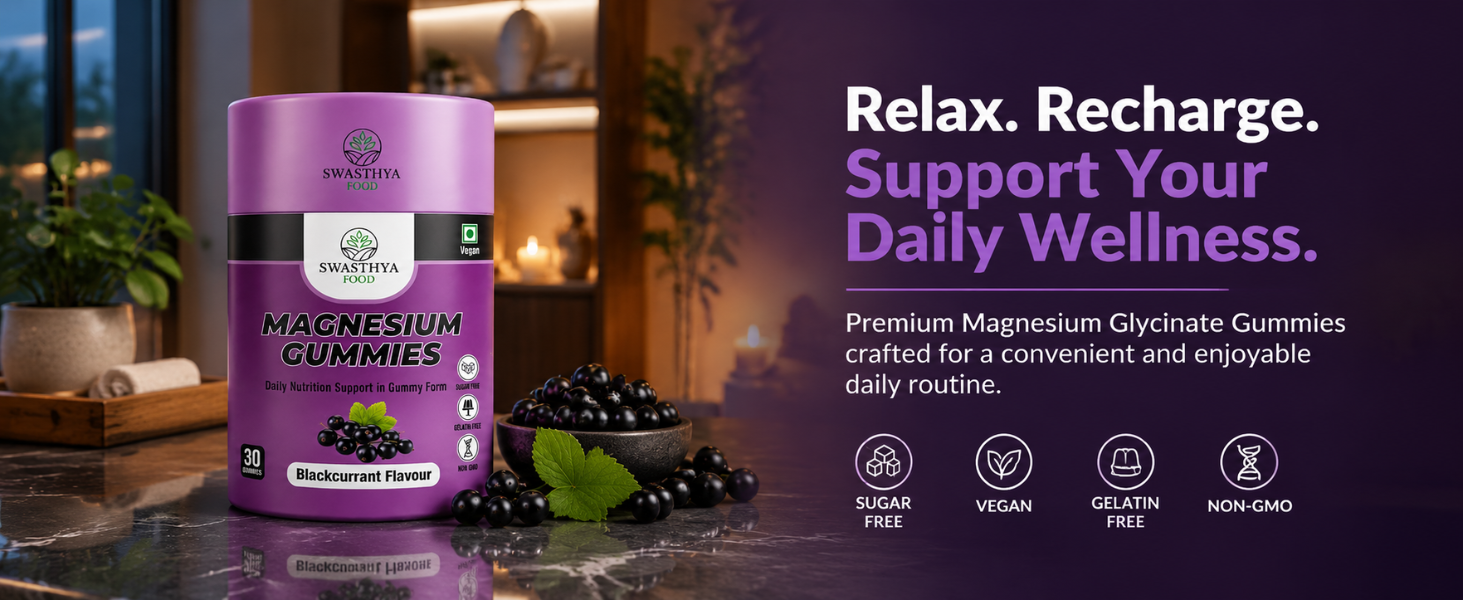 SWASTHYA AATA Magnesium Glycinate Gummies Sugar Free Vegan & Gelatin Free Chewable Magnesium Supplement For Adults Rich In Muscle Relaxation Support Bedtime Relaxation Blackcurrant Flavour
