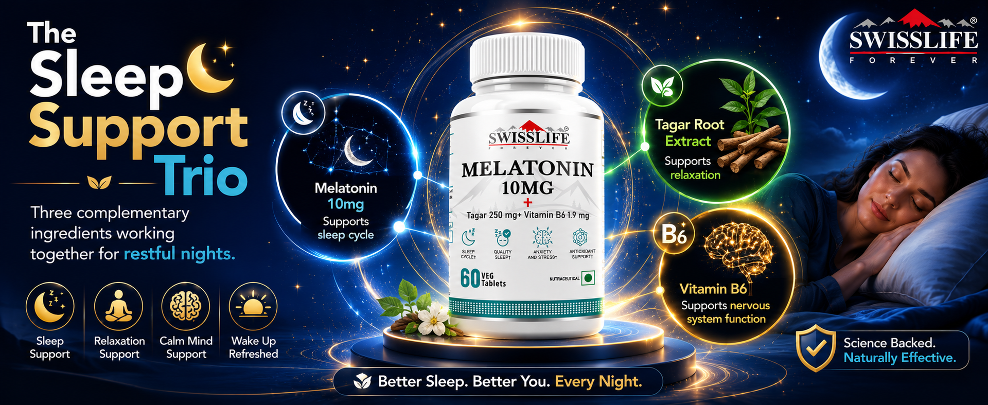 SwissLife Forever Melatonin 10mg Tablets (60 Veg Tablets) | With Tagar (Valerian) & Vitamin B6 | Sleep Support Supplement for Men & Women | Helps Relaxation, Jet Lag & Sleep Cycle Balance
