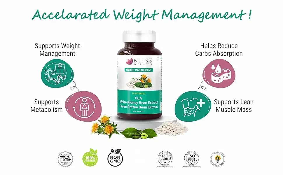 Bliss Welness 360* Weight Management | 50% (Green Coffee Bean Extract) + White Kidney Bean Extract + CLA | Carb Control | Metabolism Lean Muscle Health Supplement - 60 Vegeterian Tablets