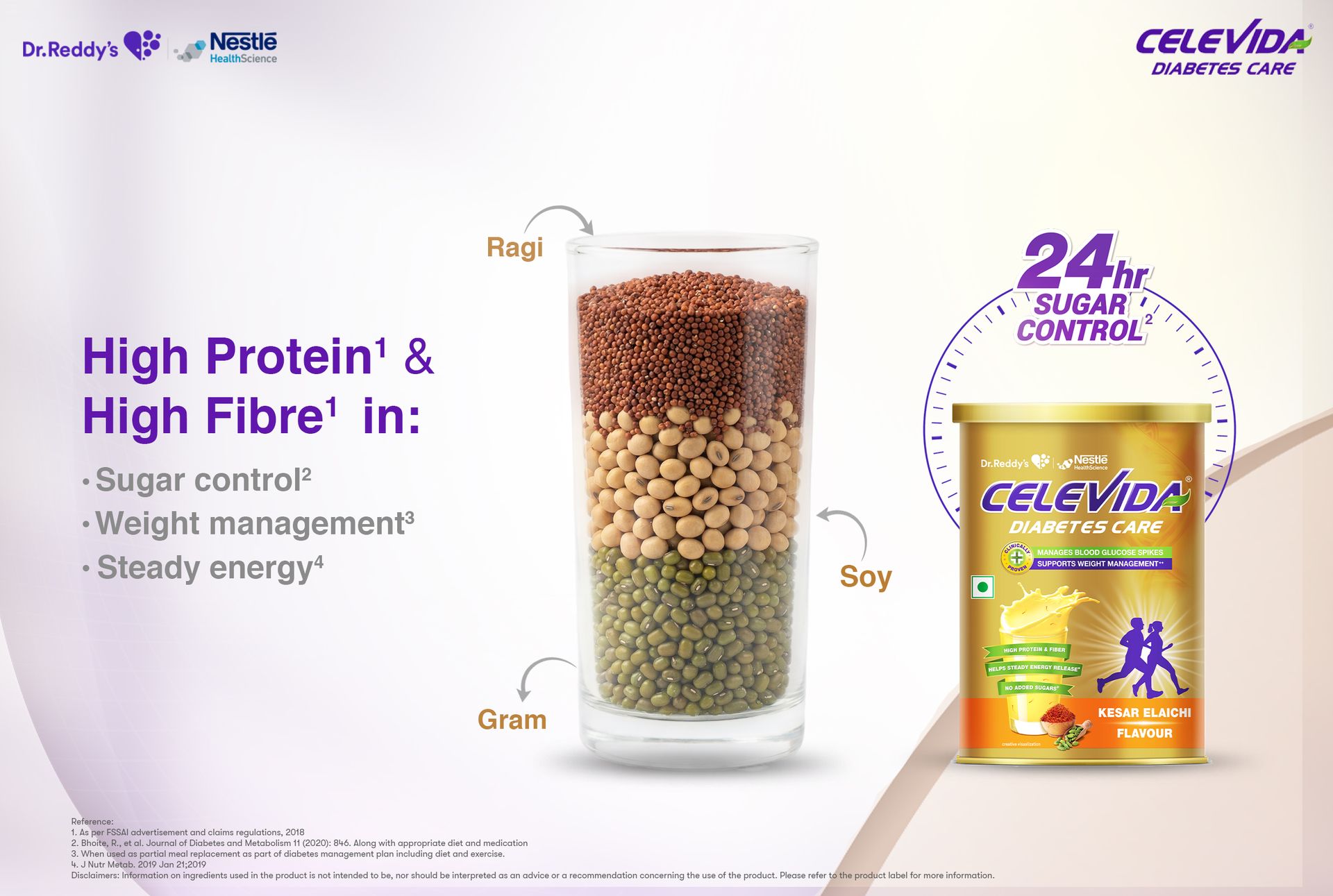 Celevida Diabetes Nutrition I Clinically proven I Helps in 24-Hr Sugar Control I Kesar Elaichi Flavor 400g Powder I Plant based protein & Dual blend high fiber I No Added sugar I By Dr. Reddy’s Nestle Health Science I Tin pack