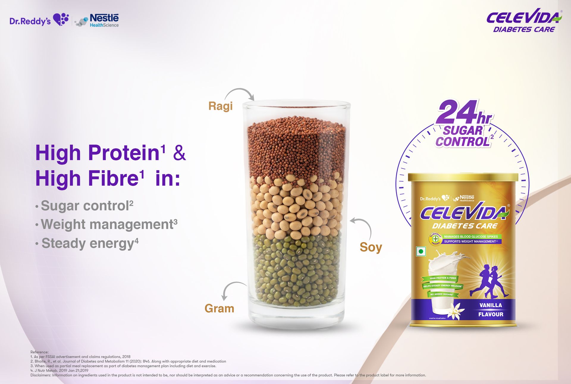 Celevida Diabetes Nutrition I Clinically proven I Helps in 24-Hr Sugar Control I Vanilla Flavor 400g Powder I Plant based protein & Dual blend high fiber I No Added sugar I By Dr. Reddy’s Nestle Health Science I Tin pack