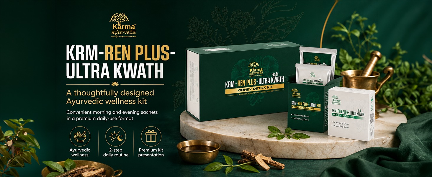 Karma Ayurveda KRM-Ren Plus Ultra Kwath Kidney Detox Kit | 28 Ayurvedic Herbs with Gokshura, Punarnava & Varun | Developed by Dr. Puneet Dhawan | Morning & Evening Dose 15 Days Kit