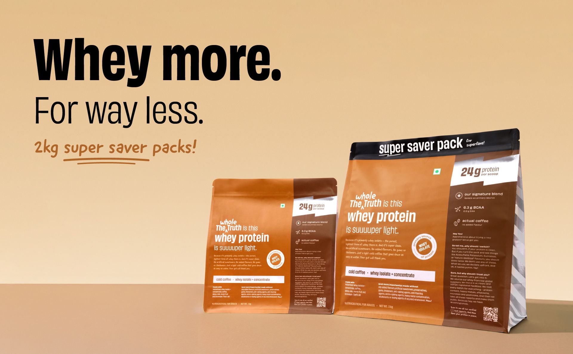 The Whole Truth Whey Protein Isolate+Concentrate | Cold Coffee 1 kg (2.2 lbs) | 24g Protein per scoop | 6.4g BCAA | No Adulteration | Clean, Light & Easy to Digest | Vegetarian