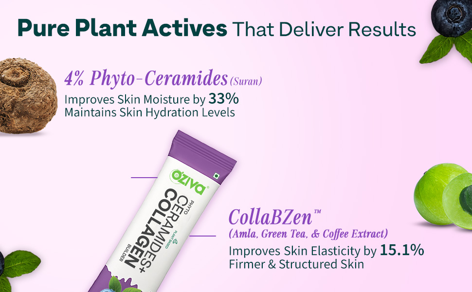OZiva Phyto Ceramides+ Collagen Builder, Skin Hydration, Blueberry, 15 Tabs