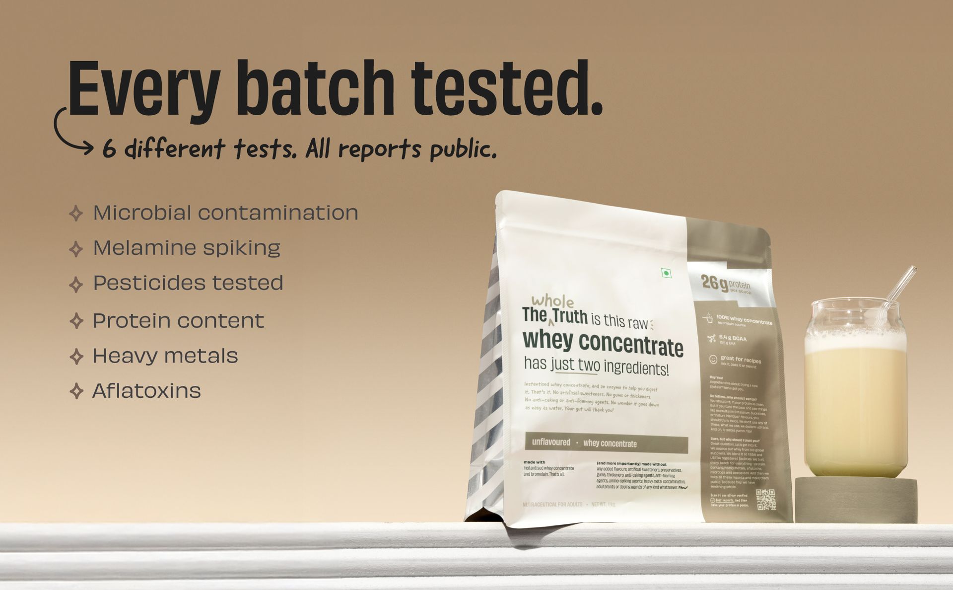 The Whole Truth Whey Protein Concentrate Unflavoured |1 kg (2.2 lbs) | 26g Protein per scoop | 6.4g BCAA | No Adulteration | Clean and Light | Muscle Building | Vegetarian