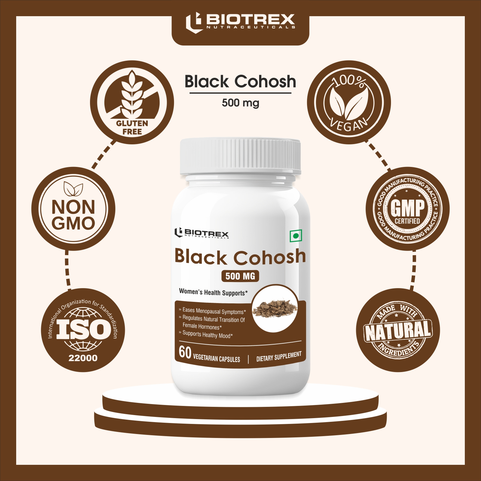 Biotrex Nutraceuticals Black Cohosh (10:1) 500mg | Supports Mood Balance & Hot Flashes | Overall Wellbeing & Bone Health | Non-GMO & Gluten Free | 60 Veg Capsule