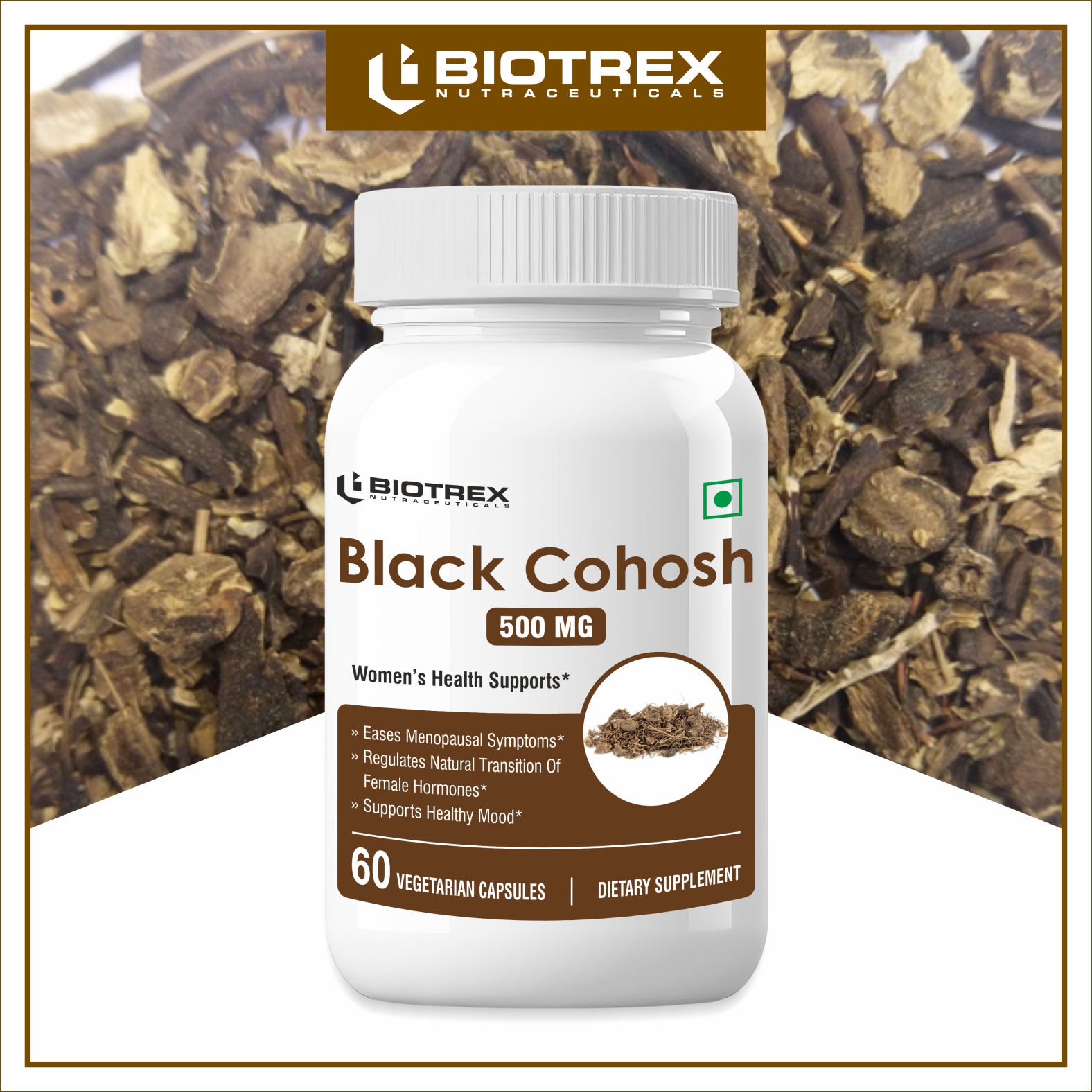 Biotrex Nutraceuticals Black Cohosh (10:1) 500mg | Supports Mood Balance & Hot Flashes | Overall Wellbeing & Bone Health | Non-GMO & Gluten Free | 60 Veg Capsule