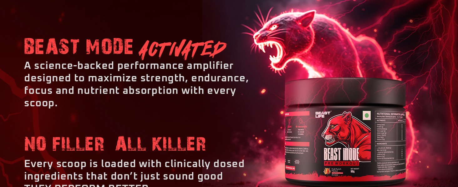 Beastlife Pre-Workout | 105 gm | Fruit Punch Flavor | Boosts Pump & Energy | Speeds Up Recovery | 2000 mg Citrulline | 2500 mg Beta-Alanine | 200 mg Caffeine | 500 mg Betaine