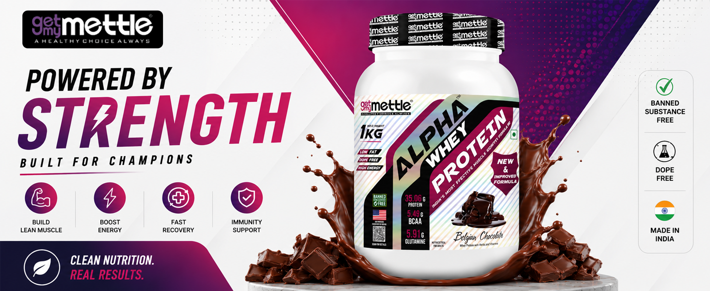 Getmymettle Alpha Whey Protein Powder, Belgian Chocolate (1kg / 2.2lbs) | 35.06g Protein Per Serving | High Protein for Muscle Growth & Recovery | Fast Absorption | Gym Nutrition