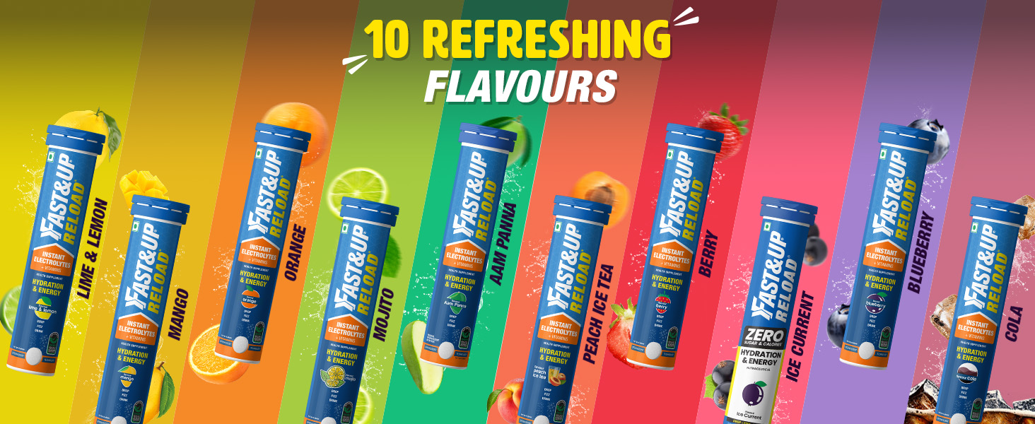 Fast&Up Reload (20 Liters) - (Berry, Aam Panna, Orange, Lime & Lemon)- Low Sugar energy drink for Instant Hydration - Effervescent Tablets with all 5 Essential Electrolytes + Added Vitamins.