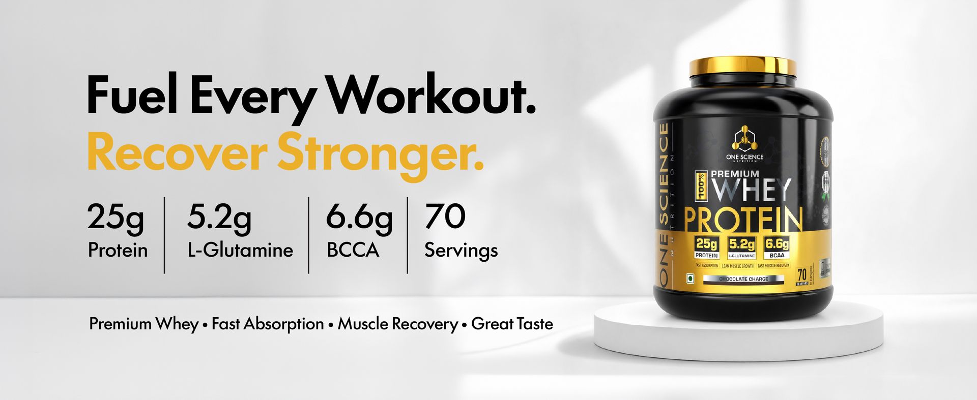 One Science Nutrition Grass-Fed Whey Protein Powder 25g Protein, BCAA & Glutamine - Supports Muscle Gain, Strength & Post-Workout Recovery | Chocolate Charge, 1lb