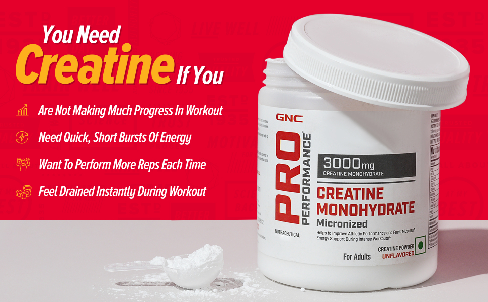 GNC Pro Performance Creatine Monohydrate with Black Shaker - 3000mg Creatine Per Scoop | Micronized for Faster Absorption | Boosts Energy, Muscle Volume & Performance | Gluten-Free | Cranberry | 250gm