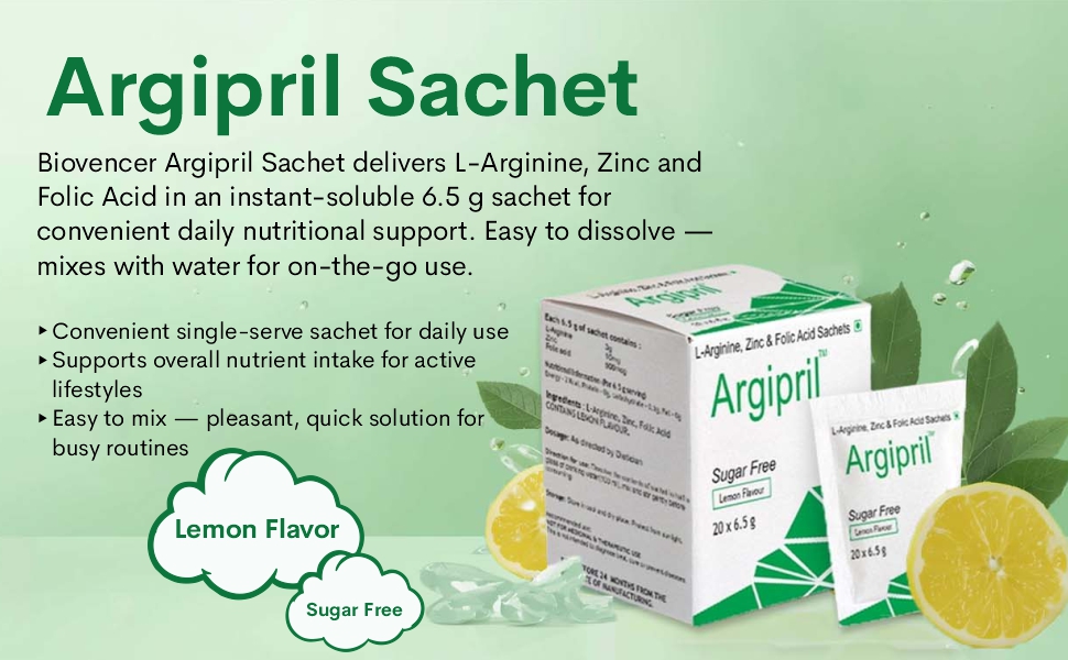 Argipril with L-Arginine, Zinc & Folic Acid, | Sugar Free | Lemon Flavor | Pack of 20 Sachets |