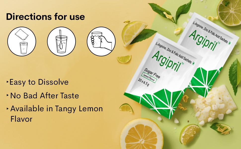 Argipril with L-Arginine, Zinc & Folic Acid, | Sugar Free | Lemon Flavor | Pack of 20 Sachets |