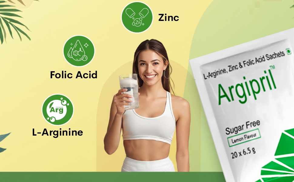 Argipril with L-Arginine, Zinc & Folic Acid, | Sugar Free | Lemon Flavor | Pack of 20 Sachets |