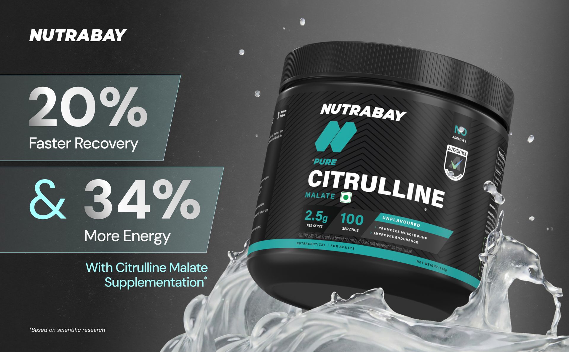 Nutrabay Pure 100% Citrulline Malate Powder 2500mg per Serving - Boosts Nitric Oxide, Pre Workout supplement for Men & Women for Faster Recovery, Endurance & Muscle Build Up - 250g Unflavoured