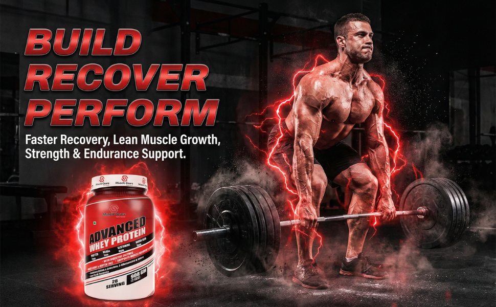 Muscle Gears Advanced Whey Protein | 24g Protein | 5.4g BCAAs | 4g Glutamine | 5g Amino Acids | Digestive Enzymes Blend | Cookies & Cream Flavor | Gluten Free | 2 LBS (908g)