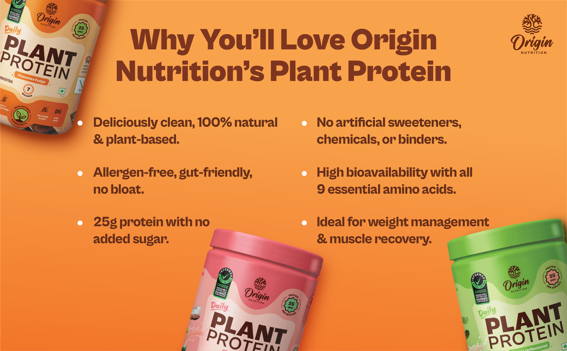 Origin Nutrition 100% Natural Plant Based Protein Powder, Chocolate Flavour with 25g per serve Plant Based Protein, Gluten Free, Dairy Free, No Added Sugar, Soy Free, Non - GMO, Jain, 7 Servings, 283g