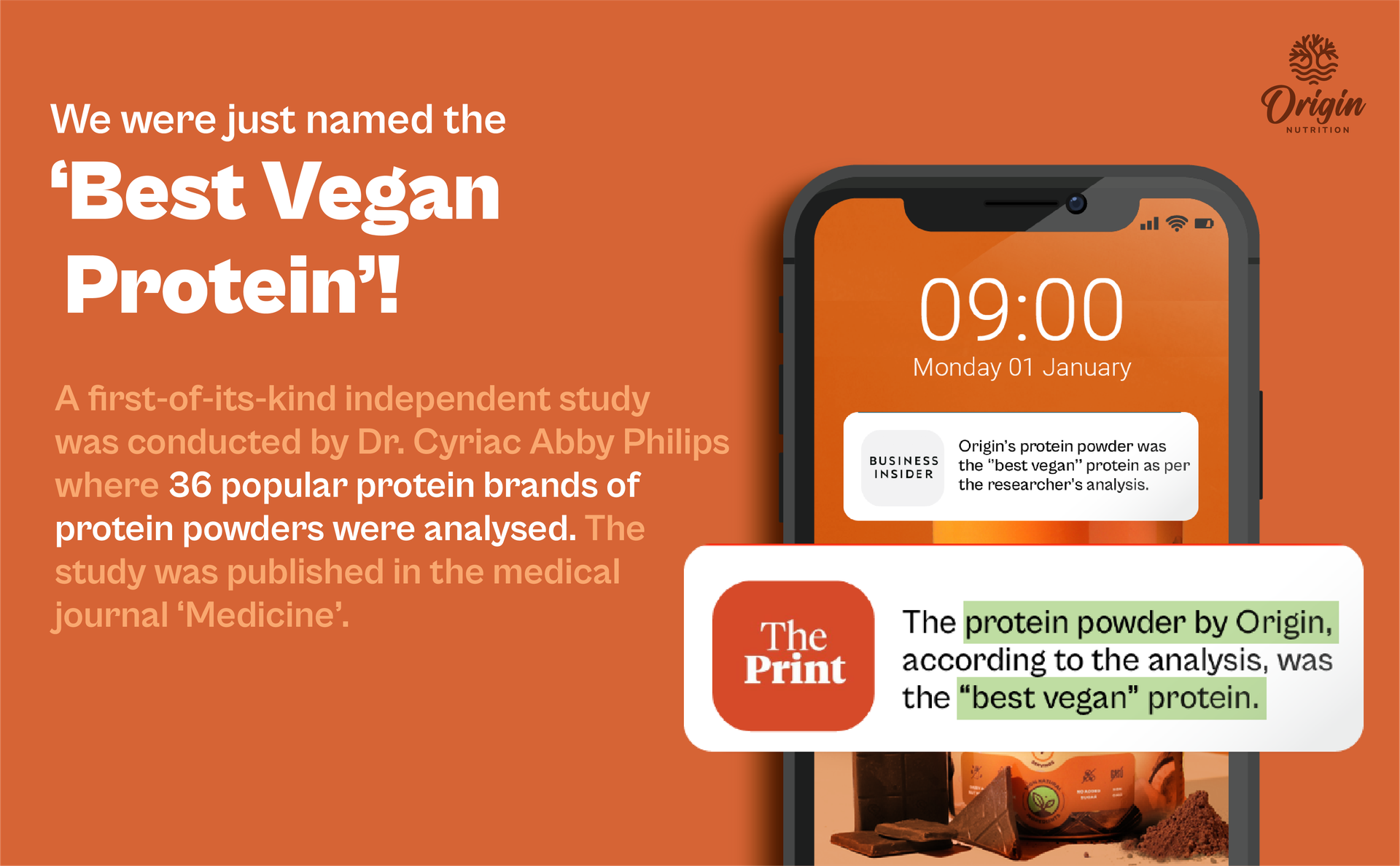 Origin Nutrition 100% Natural Plant Based Protein Powder, Chocolate Flavour with 25g per serve Plant Based Protein, Gluten Free, Dairy Free, No Added Sugar, Soy Free, Non - GMO, Jain, 7 Servings, 283g