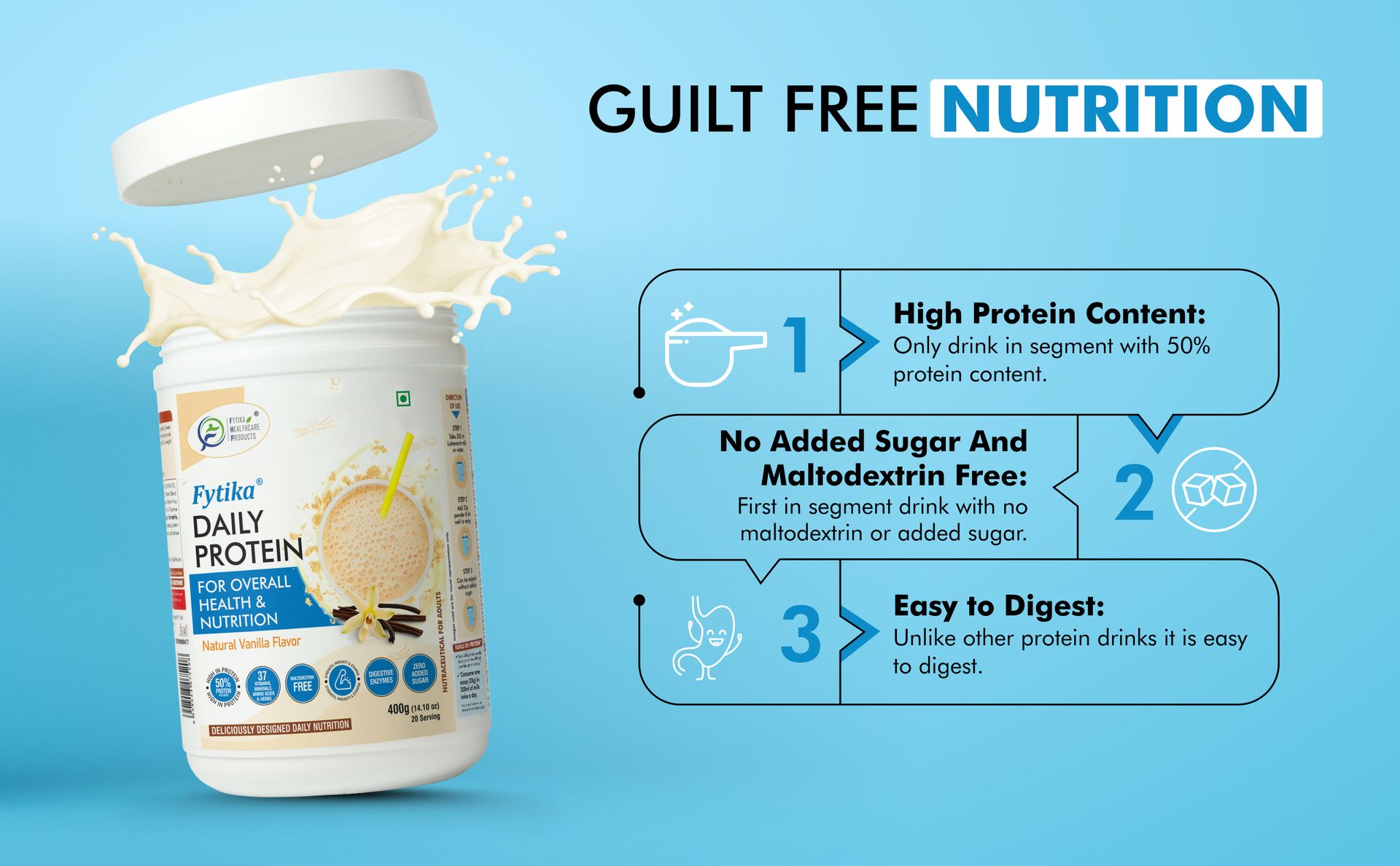 Fytika Daily Protein-400g (Pack of 1, Vanila) | Complete Nutrition Drink for Adults with 37 Essential Vitamins & Minerals | 50% Protein Per Serve | High Protein Drink for Men & Women