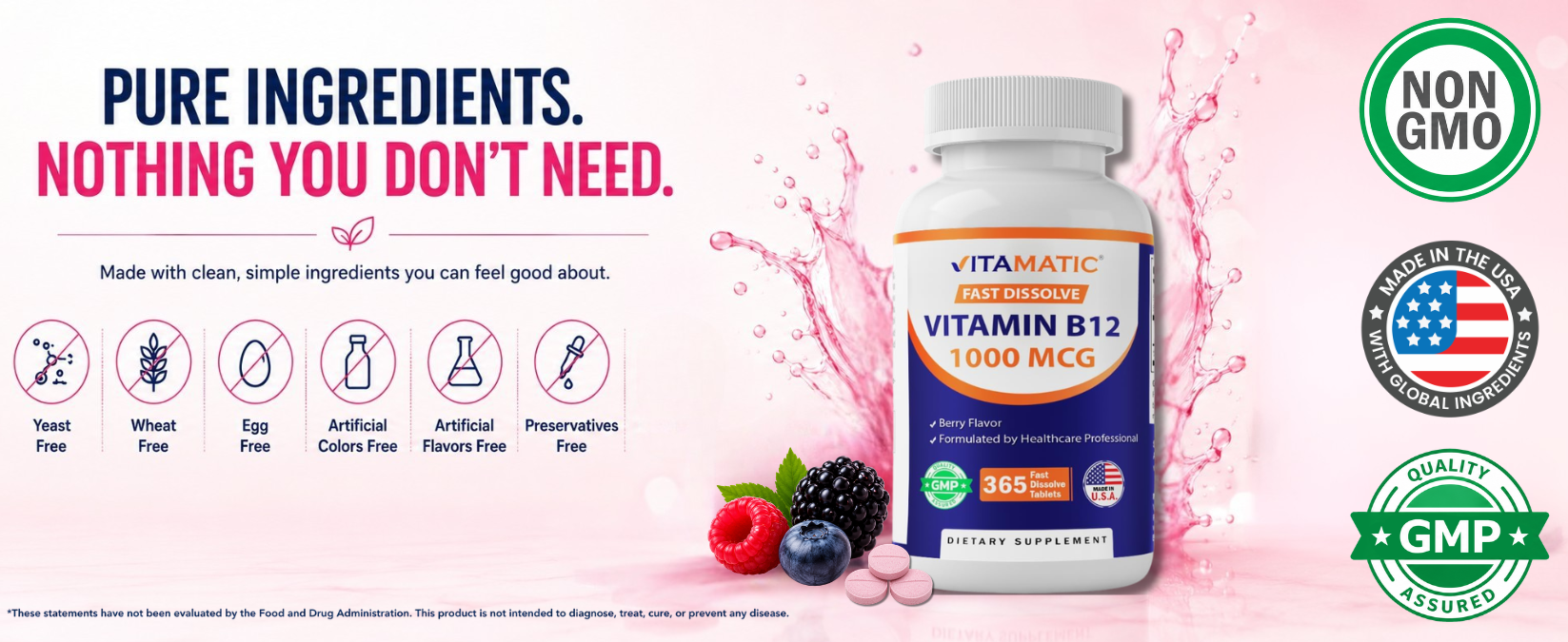 Vitamatic Vitamin B12 1000 mcg, 365 Fast Dissolve Tablets, Made in USA